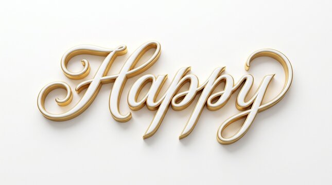 Cursive typography spelling happy in smooth metallic gold script letters set diagonally across a stark white background surface displaying soft shadow details beneath the shiny curved character.