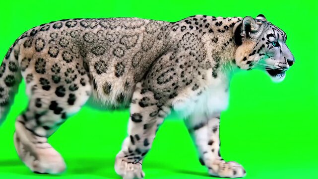 Majestic snow leopard walking slowly across a bright green screen background for vfx and digital compositing work