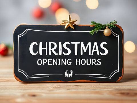 Christmas Opening Hours business schedule sign banner with pine sprig and gold star