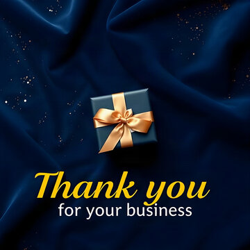 Thank you for your business holiday appreciation banner with gold gift box on navy velvet background