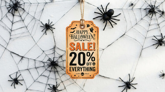Happy Halloween Sale 20 percent on everything vintage price tag with string surrounded by spiders and cobwebs on white texture for spooky holiday store promotion discount