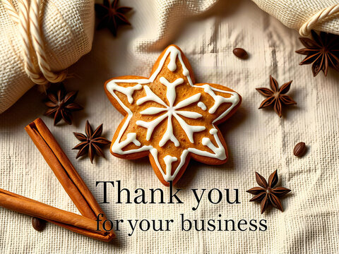 Thank you for your business holiday appreciation banner with gingerbread star and cinnamon on linen