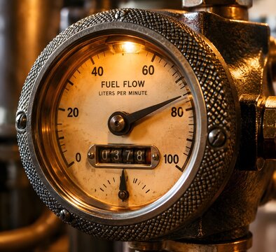 Closeup of a knurled metal fuel pump flow meter dial with rotating mechanical pointers in warm vintage bulb illumination