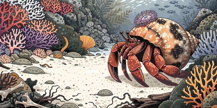 Hermit crab crawling on sandy ocean floor reef