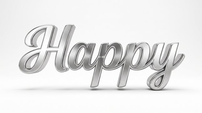 Silver metallic word happy rendered in a cursive script font stands isolated against a clean white backdrop.