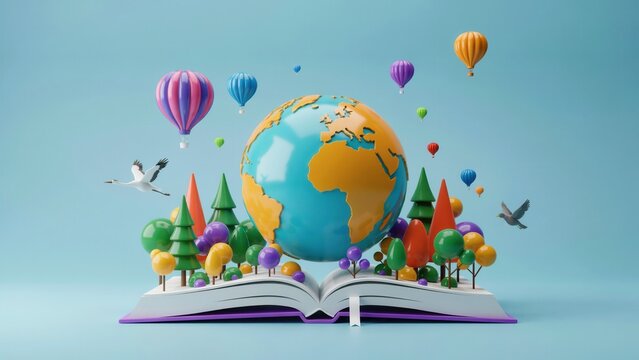 3d illustration of a globe rising from an open book with trees and hot air balloons