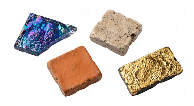 Four square material samples of glass stone terracotta and gold.