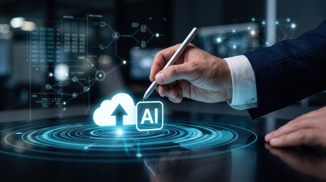 Artificial intelligence cloud computing concept with hand touching digital interface