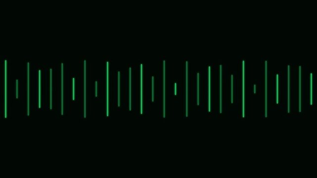 Abstract green sound wave audio frequency visualization with glowing vertical lines on black background for digital music and data technology themes