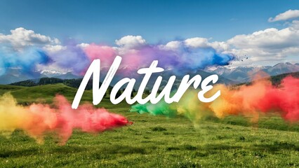Fototapeta premium Vibrant multicolored powder smoke clouds drifting across a picturesque open green meadow landscape under a bright blue sky with fluffy white clouds