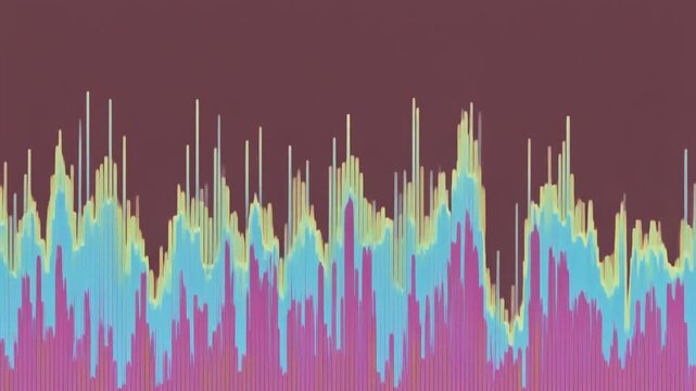 Abstract representation of fluctuating data trends and dynamic energetic waves visualized through a vibrant spectrum of cascading digital artistic waveforms against a deep maroon backdrop