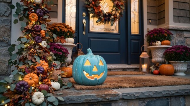 Illuminated ceramic teal jack o lantern on decorated porch for Halloween. Glowing turquoise pumpkin for allergy awareness