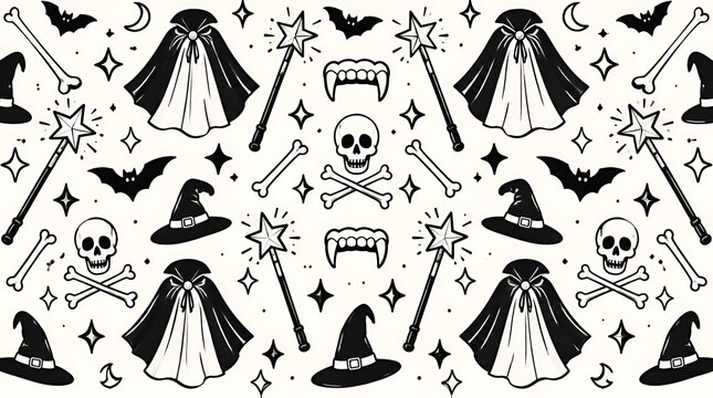 Halloween seamless pattern with skulls capes wands and bats