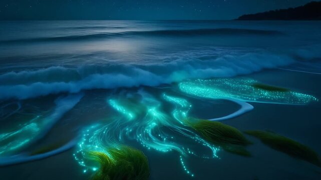 Bioluminescent ocean algae and plankton create a surreal, glowing spectacle washing ashore on a tranquil beach during a serene night under a star-filled sky, showcasing nature's ethereal marine