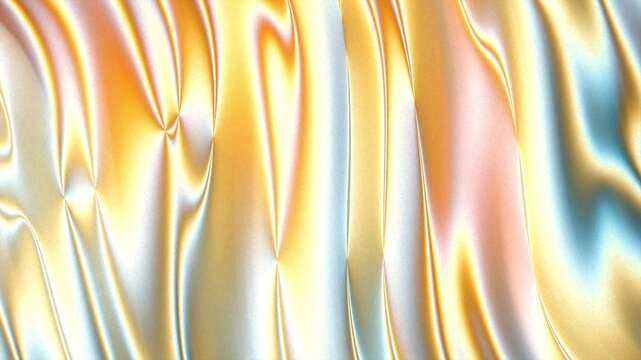 Abstract golden metallic wavy patterns on satin fabric texture, perfect for backgrounds, wallpaper, luxury brand designs, art prints, and packaging.