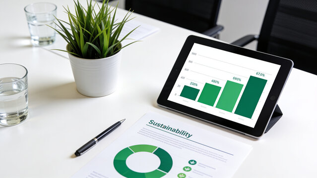 Boardroom table with a printed sustainability report
