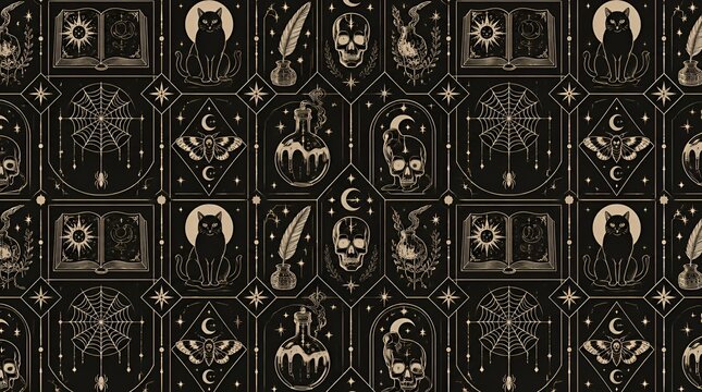 Seamless occult pattern with mystical symbols and gothic icons