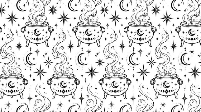 Seamless pattern with witch cauldrons moon stars and smoke
