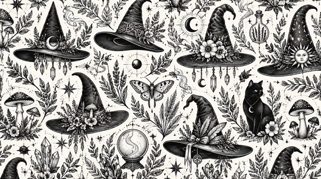 Witch hat seamless pattern with black cat and crystals