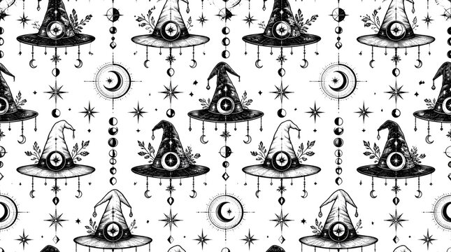 Witch hat seamless pattern with celestial moons and stars