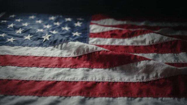 Waving American Flag Close-up, Patriotic Symbol, Red White Blue