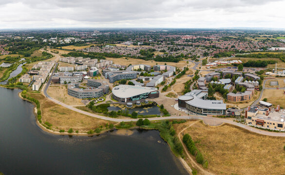 Aerial view above the University of York and the modern buildings of its Campus East site