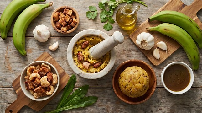 Fresh green plantains and garlic with mortar and pestle on a rustic wooden table top view cooking. Mofongo recipe