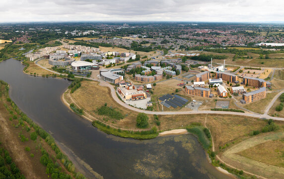 Aerial view above the University of York and the modern buildings of its Campus East site
