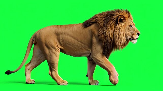 Majestic lion walking slowly across a bright green screen background for easy chroma key editing and professional video production compositing