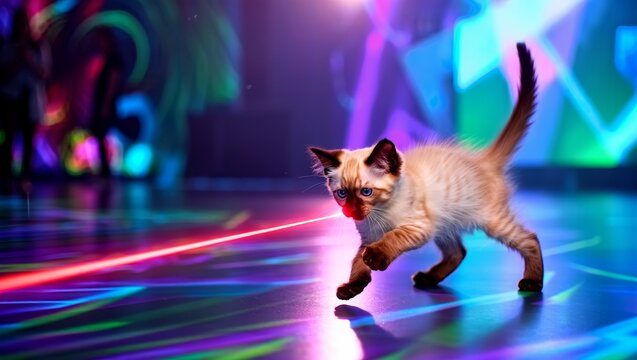 Playful Kitten Chasing Red Laser Light on Neon Dance Floor