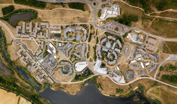 Aerial view directly above the University of York and the modern buildings of its Campus East site
