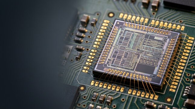 Detailed close-up of computer microprocessor chip with micro contacts and intricate silicon circuits
