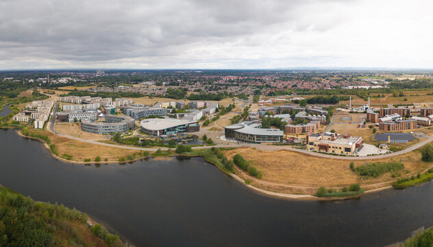 Aerial view above the University of York and the modern buildings of its Campus East site