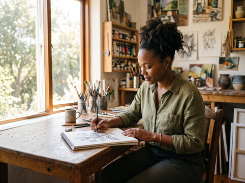 Talented African American female artist sitting at a wooden desk and drawing botanical sketches in a bright creative studio