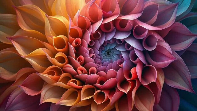 A vibrant, blossoming dahlia petal spiral unfurls with a breathtaking spectrum of warm, fiery oranges fading into soft, alluring pinks and lavenders, showcasing nature's intricate fractal