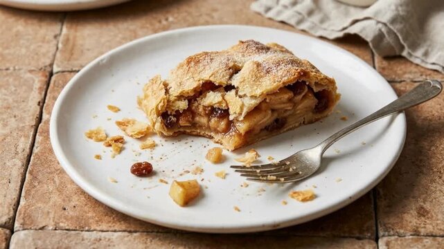 A delicious half-eaten slice of warm apple strudel, showcasing its flaky golden pastry and rich spiced apple and raisin filling, served on a white plate with a fork on a rustic tiled surface.