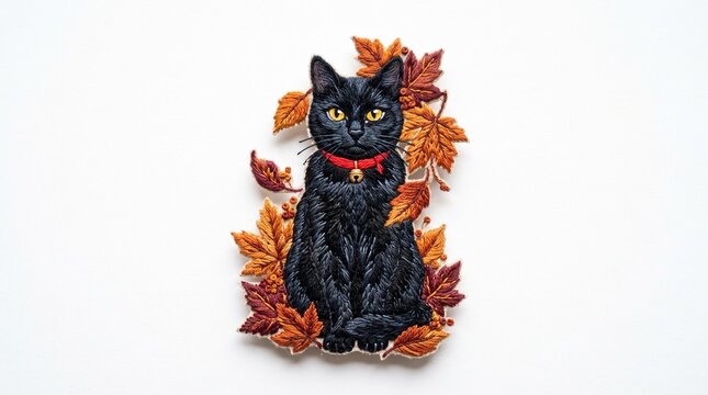 A detailed embroidery of a seated black cat wearing a red collar surrounded by colorful autumn maple leaves with intricate embroidery patch
