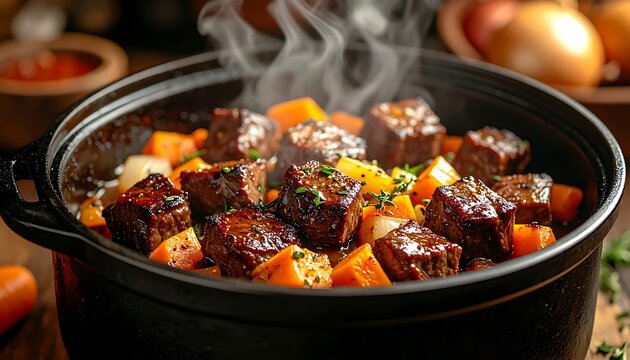 Hearty Beef Stew with Carrots and Potatoes Steaming in a Pot.