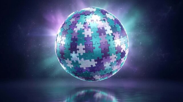 A luminous abstract sphere, artfully constructed from interconnected teal, purple, and white puzzle pieces, gracefully floats in an ethereal, glowing cosmic environment.