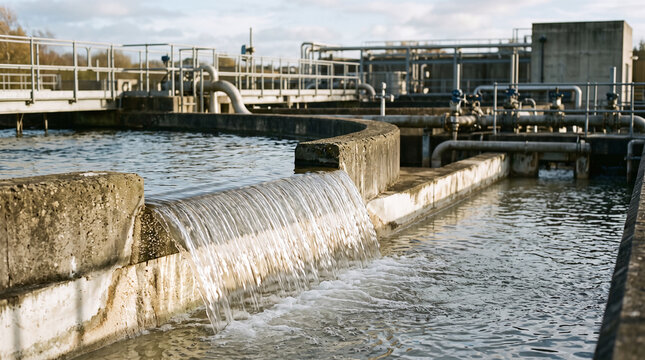 Purified water flowing over a concrete weir at a municipal water treatment facility.