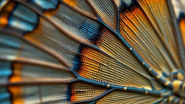 Intricate, vibrant patterns emerge from the magnified wing of a striking butterfly, showcasing nature's stunning artistry with warm oranges, deep blues, and delicate textures that captivate