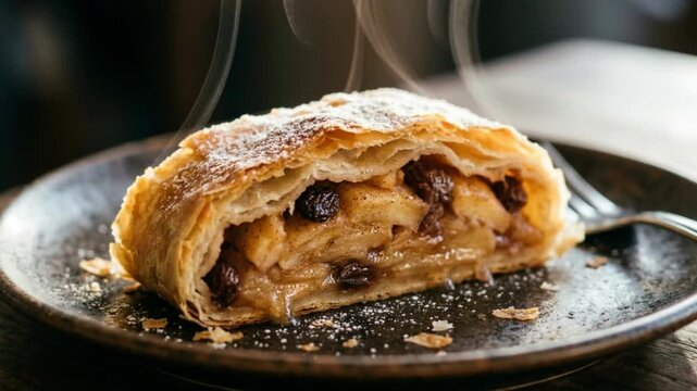 A steaming, freshly cut slice of warm apple strudel, topped with powdered sugar and rich apple-raisin filling, rests on a rustic dark plate.