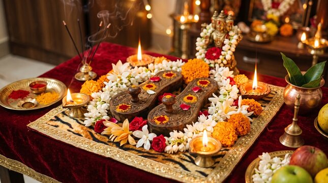 Sacred wooden paduka of Lord Dattatreya on tiger skin motif with lit oil lamps and white flowers, celebrating Dattatreya Jayanti Hindu festival.