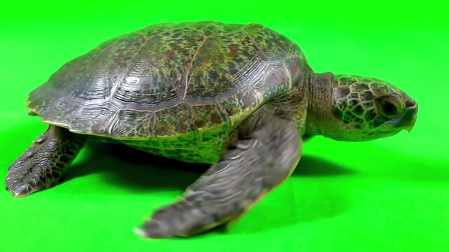 A realistic 3D animated baby sea turtle crawling slowly across a bright green screen background with gentle flipper movements