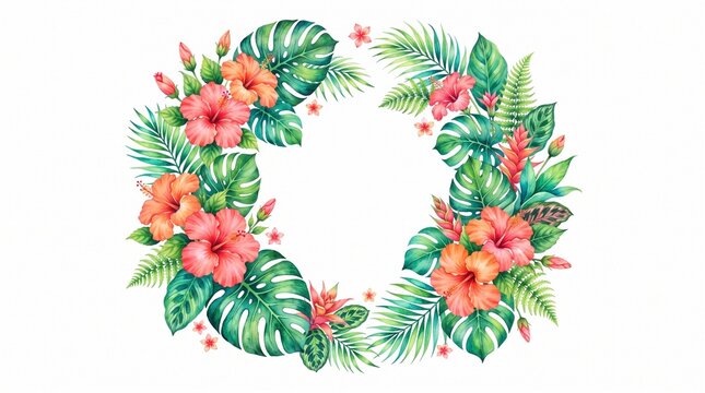 Vibrant tropical hibiscus and fern floral wreath design for summer
