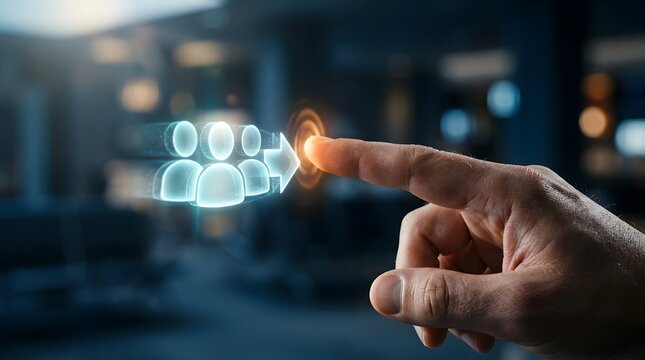 Businessman hand touching digital human resources icon and growth arrow, concept of recruitment, leadership, and team management in modern corporate environment.