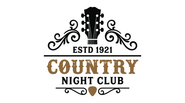 Vintage country music club vector graphic logo featuring a guitar headstock and ornamental flourishes