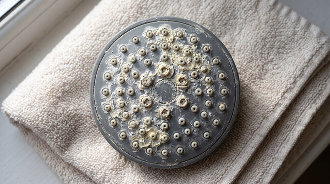 Close up of a shower head spray face covered in heavy limescale buildup resting on a folded towel.