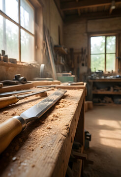 Craftsmanship and woodworking workshop, metal files and wood chisels on a rustic workbench with sawdust in a traditional carpentry studio at daylight