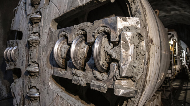 Close-up of a tunnel boring machine cutterhead with steel disc cutters and clay residue in an underground site.